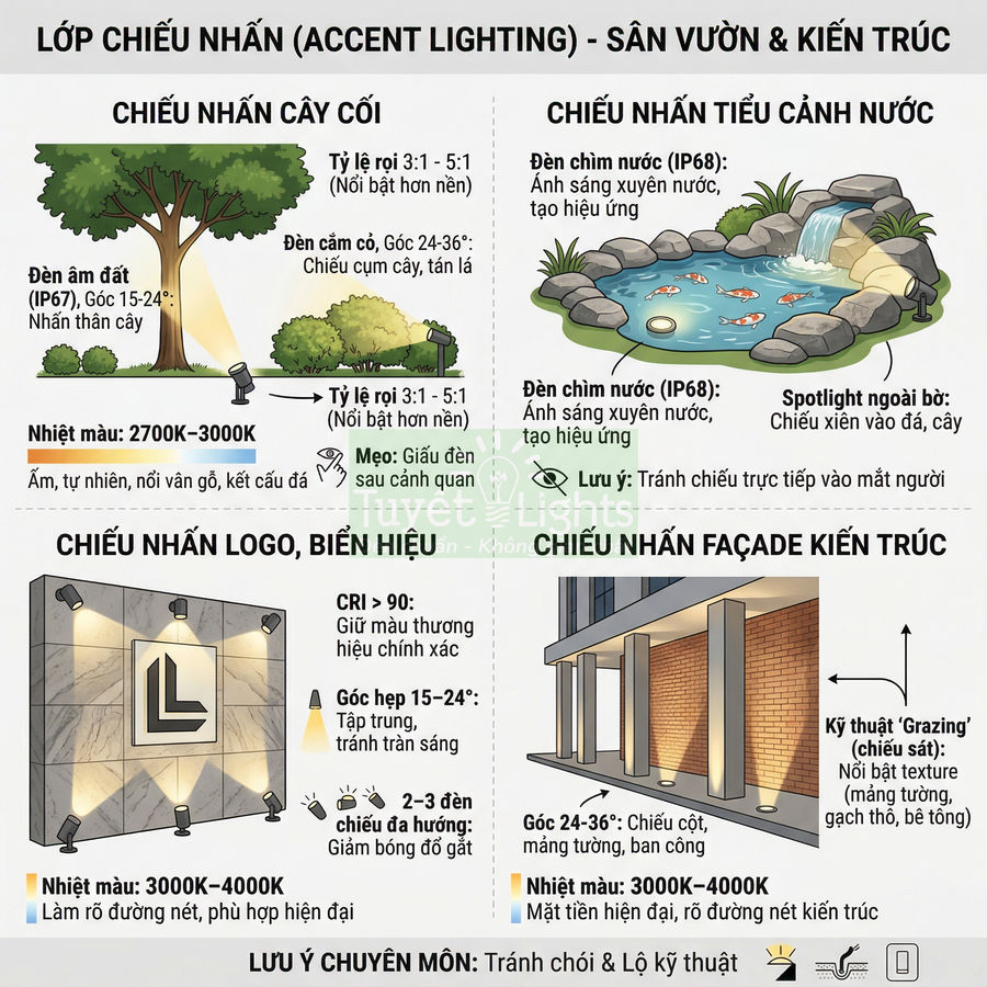 Infographic hướng dẫn chiếu nhấn sân vườn và kiến trúc với các loại đèn âm đất, đèn chìm nước, đèn chiếu logo và facade