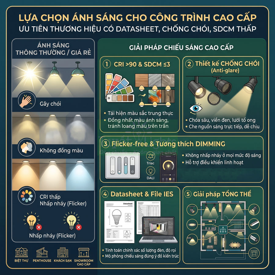 Infographic so sánh đèn LED giá rẻ và giải pháp chiếu sáng cao cấp chống chói, CRI cao, không nhấp nháy cho công trình cao cấp
