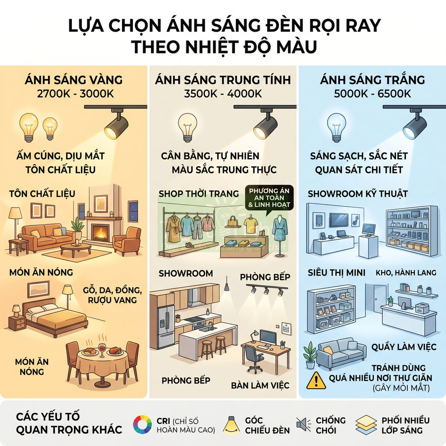 Đèn rọi ray ánh sáng vàng, trắng, trung tính: Nên chọn loại nào?