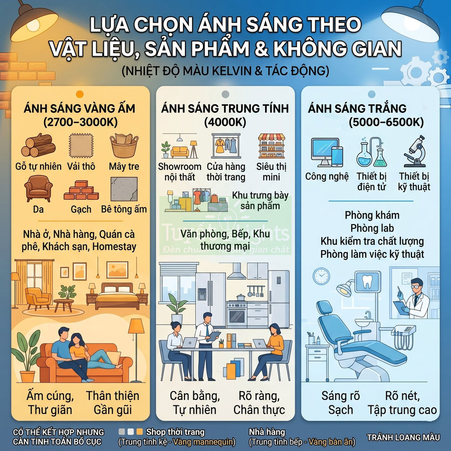 Infographic hướng dẫn chọn nhiệt độ màu đèn LED vàng ấm, trung tính, trắng cho từng không gian và vật liệu nội thất
