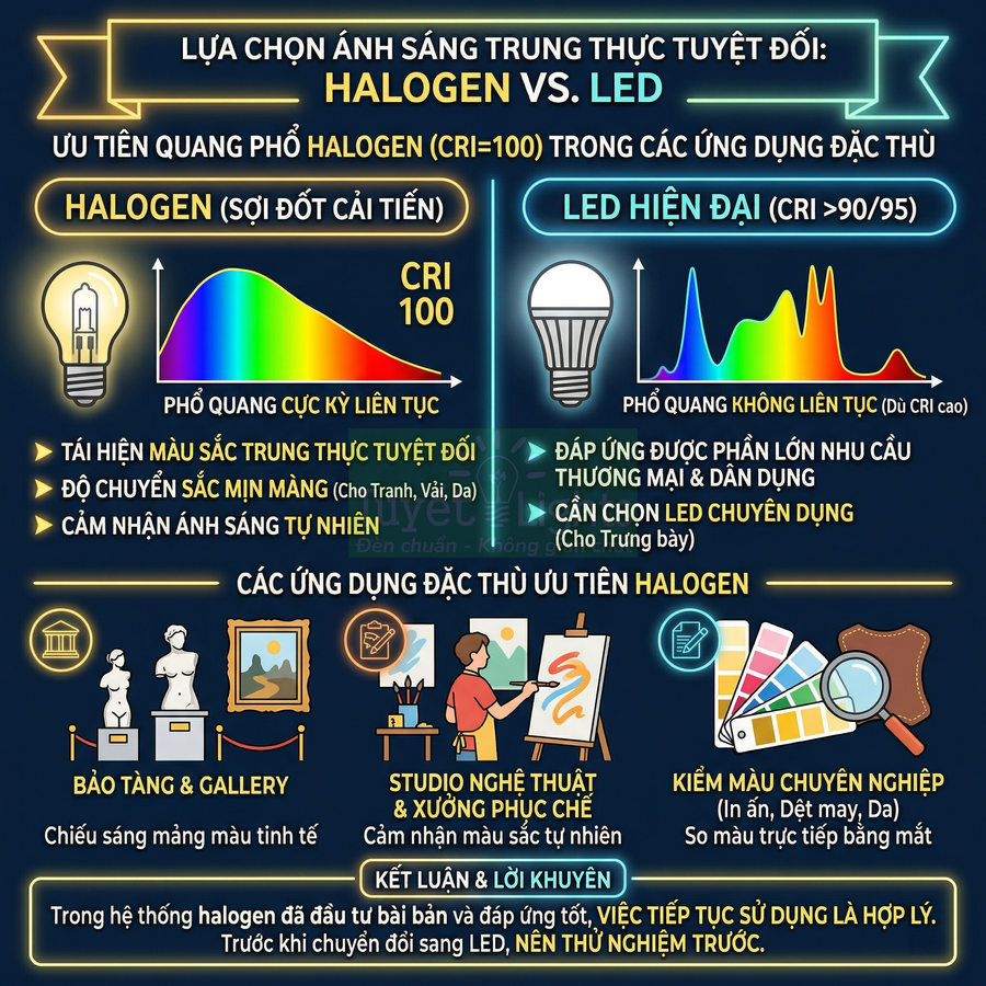 Infographic so sánh ưu điểm ánh sáng trung thực của đèn halogen và đèn LED hiện đại
