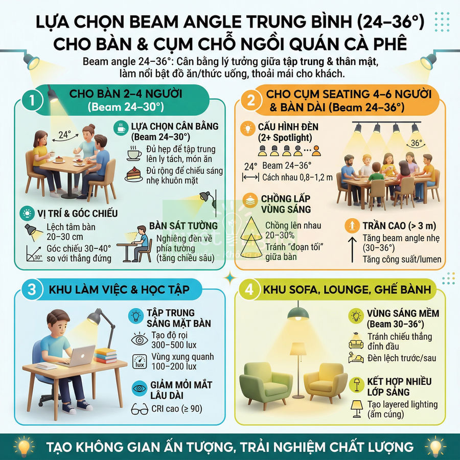 Infographic hướng dẫn chọn góc chiếu đèn beam angle 24–36 độ cho bàn ghế, khu làm việc và sofa trong quán cà phê