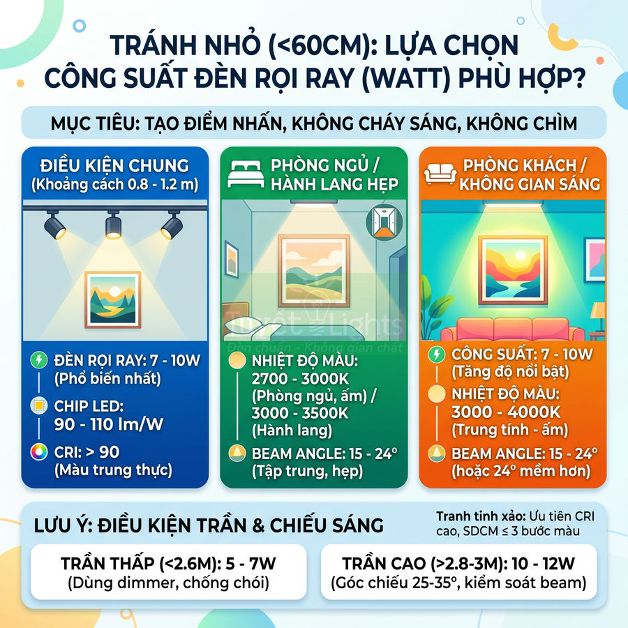 Infographic hướng dẫn chọn công suất đèn rọi ray LED 7 10W cho phòng ngủ hành lang phòng khách