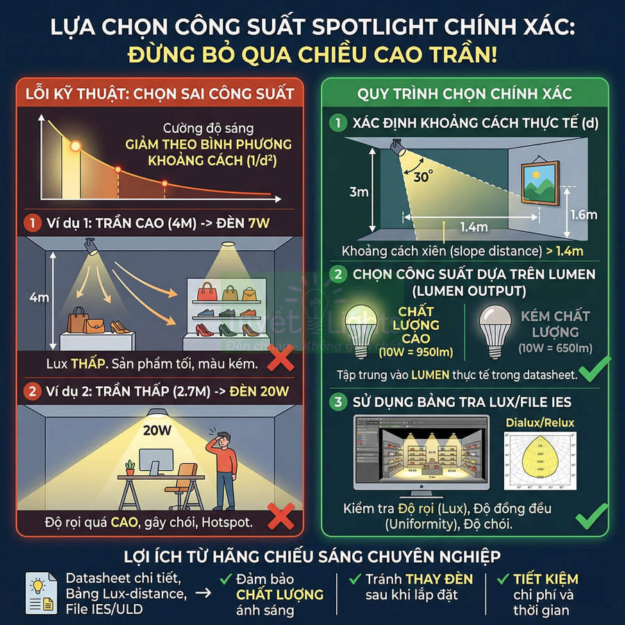 Infographic hướng dẫn chọn công suất đèn spotlight theo chiều cao trần để đảm bảo độ sáng và chất lượng chiếu sáng