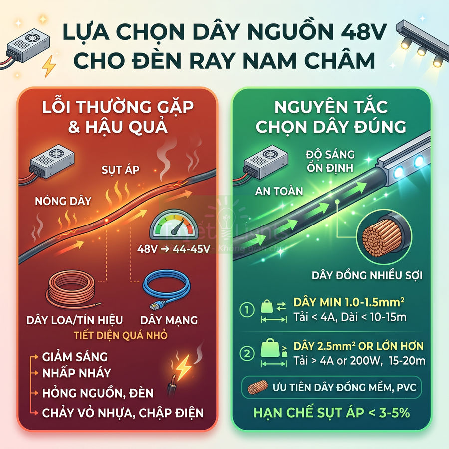 Hướng dẫn chọn dây nguồn đồng 48V cho đèn ray nam châm, so sánh dây tiết diện nhỏ và dây đồng nhiều sợi an toàn