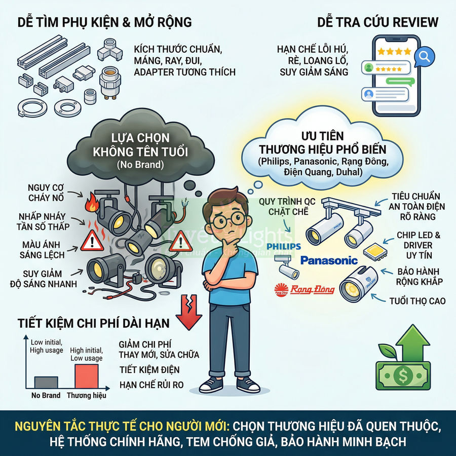 Infographic so sánh đèn LED không thương hiệu với đèn LED Philips, Panasonic, Rạng Đông, lợi ích tiết kiệm và an toàn