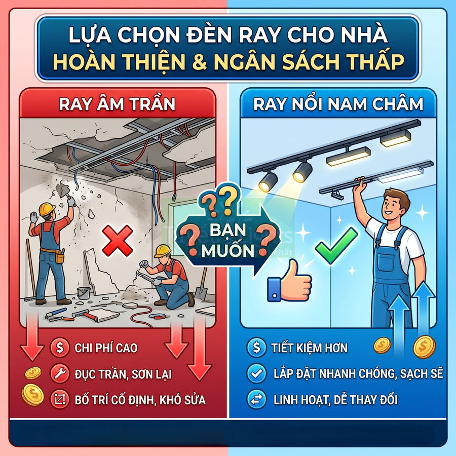 So sánh đèn ray âm trần và đèn ray nổi nam châm cho nhà hoàn thiện, nhấn mạnh ưu điểm tiết kiệm, linh hoạt