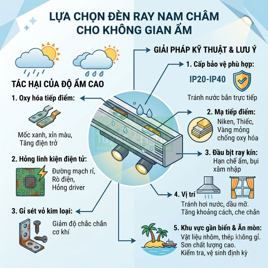 Infographic hướng dẫn chọn đèn ray nam châm chống ẩm cho không gian ẩm ướt, nêu tác hại độ ẩm và giải pháp kỹ thuật