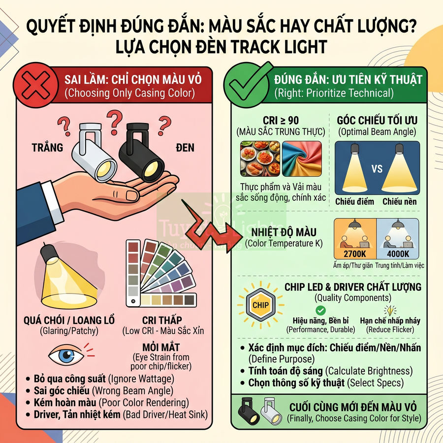 Infographic hướng dẫn chọn đèn track light đúng cách, ưu tiên thông số kỹ thuật hơn màu vỏ đèn