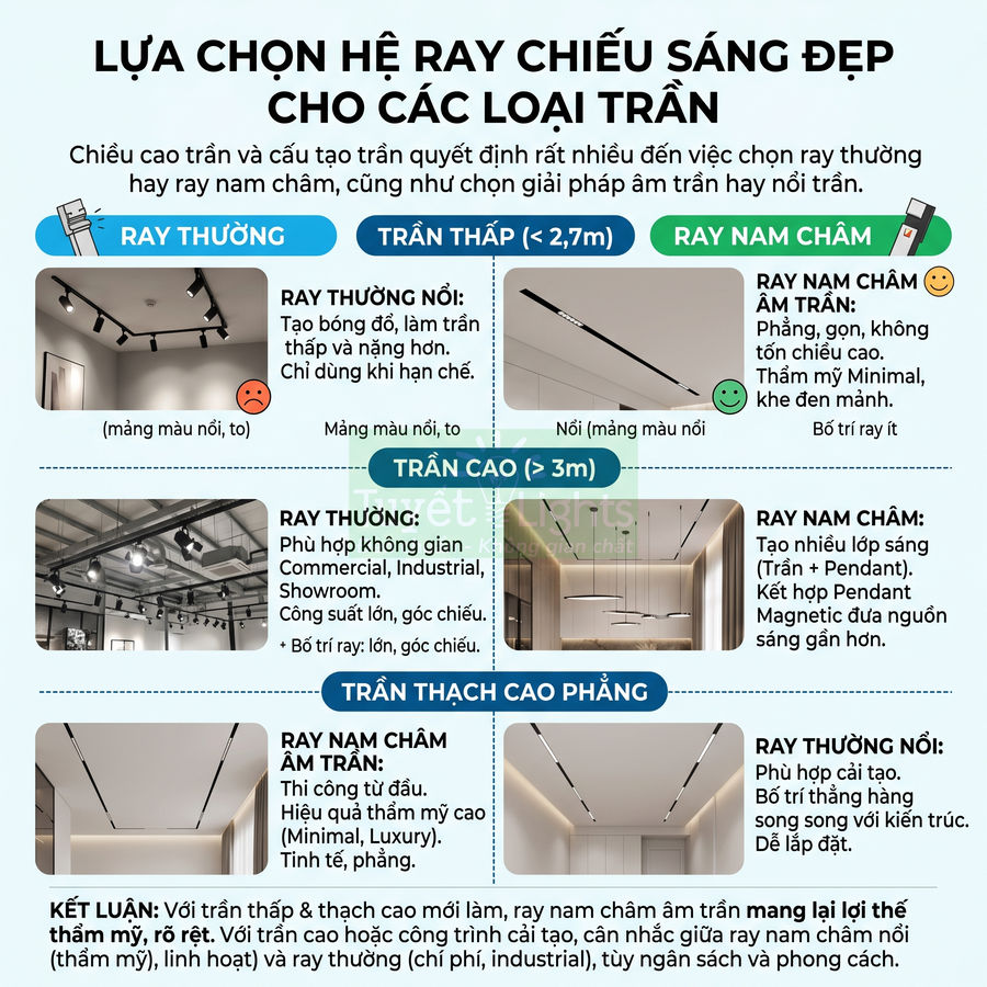 Hệ ray chiếu sáng ray thường và ray nam châm cho trần thấp, trần cao và trần thạch cao phẳng