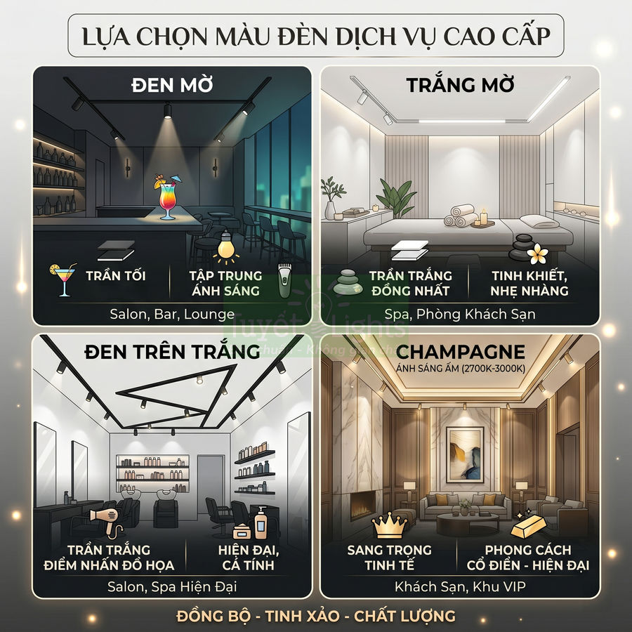 Bảng gợi ý lựa chọn màu đèn dịch vụ cao cấp cho salon spa khách sạn với các tông đen trắng và champagne