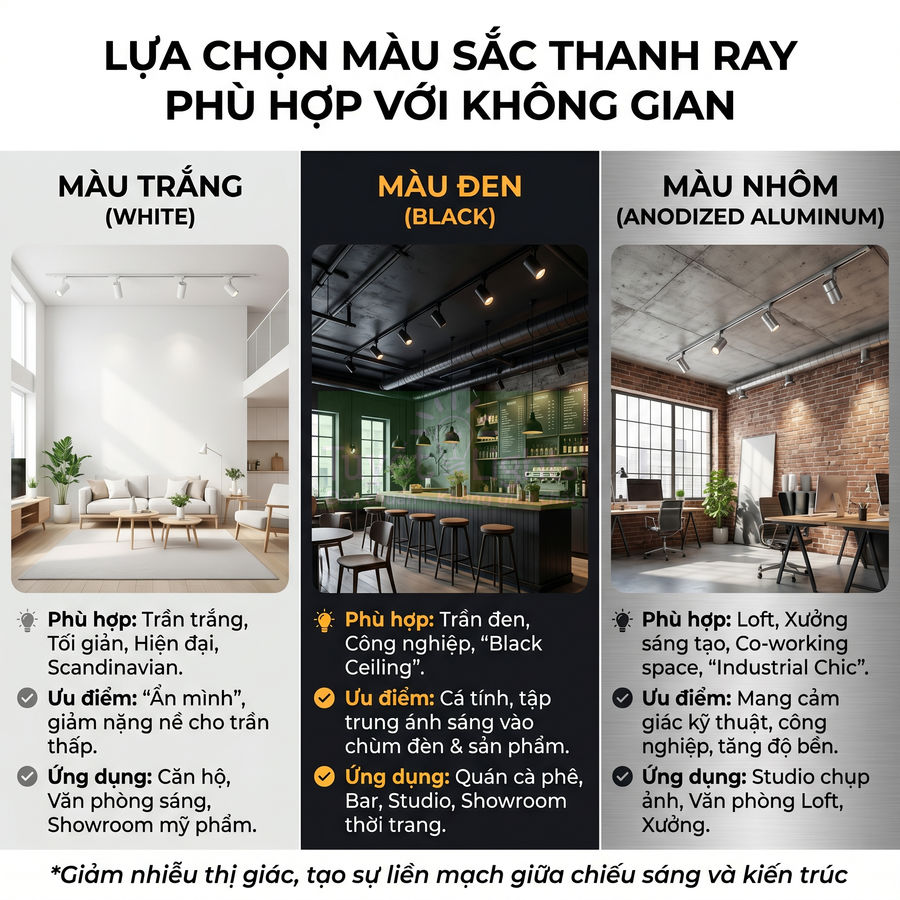 Thanh ray đèn rọi màu trắng, đen và nhôm lắp trần cho phòng khách, quán cà phê và văn phòng loft hiện đại