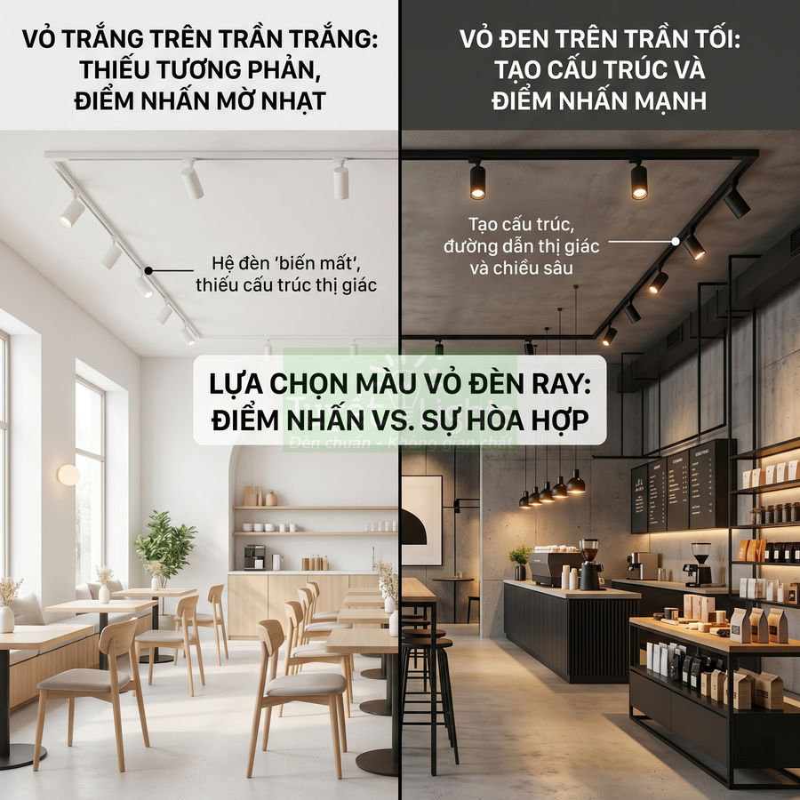 So sánh đèn ray vỏ trắng và vỏ đen trong quán cà phê, minh họa hiệu ứng ánh sáng và điểm nhấn không gian