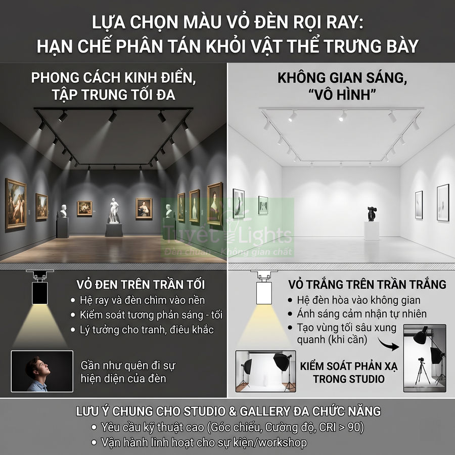 So sánh đèn rọi ray vỏ đen và vỏ trắng cho phòng trưng bày tranh, tượng trong không gian tối và sáng