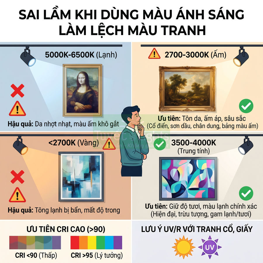 Hướng dẫn chọn nhiệt độ màu đèn chiếu tranh treo tường để tránh lệch màu và giữ màu sắc trung thực