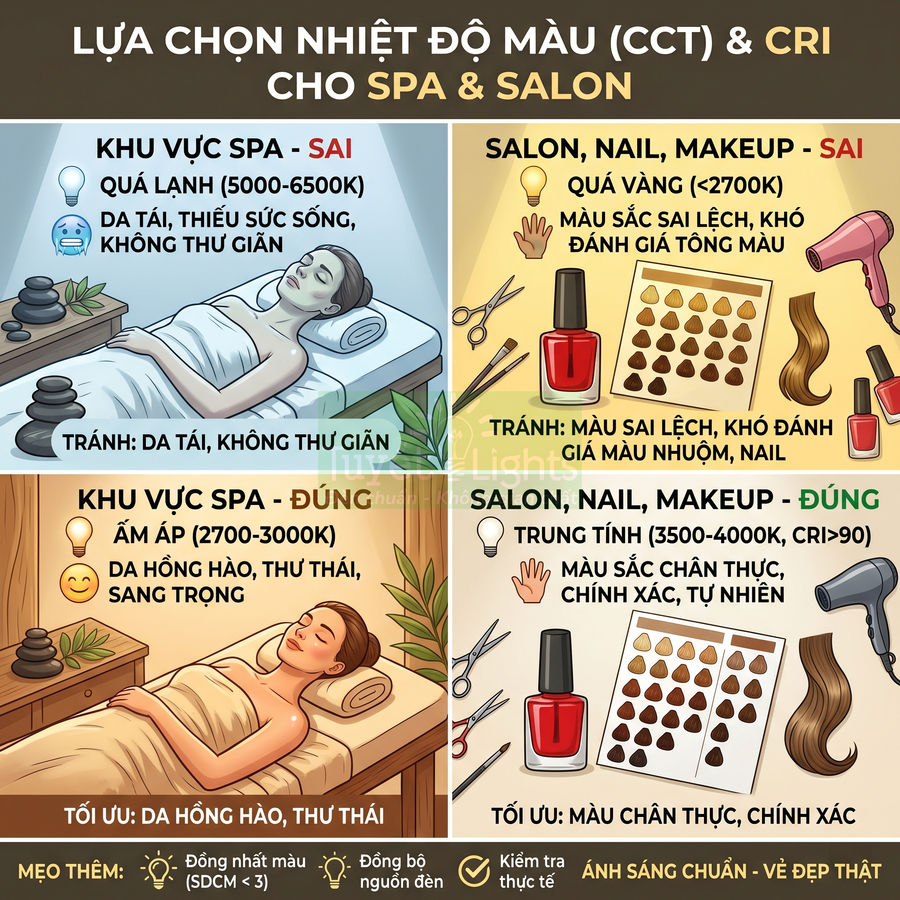 Hướng dẫn chọn nhiệt độ màu và CRI cho spa, salon, nail, makeup với minh họa phòng spa và dụng cụ làm đẹp