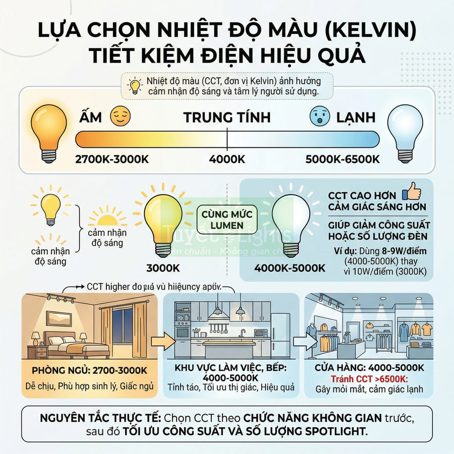 Infographic hướng dẫn chọn nhiệt độ màu đèn LED ấm, trung tính, lạnh cho phòng ngủ, bếp và cửa hàng tiết kiệm điện