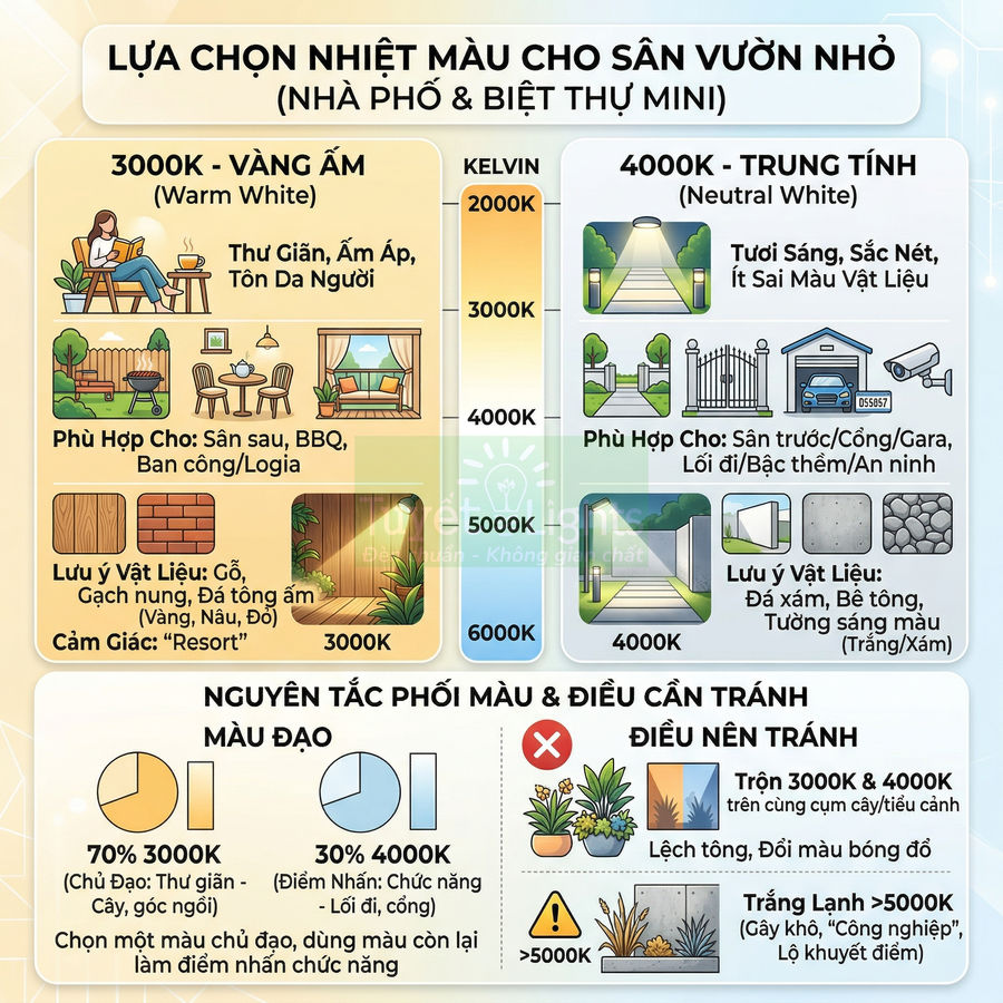 Hướng dẫn chọn nhiệt màu đèn LED 3000K và 4000K cho sân vườn nhỏ, nguyên tắc phối màu và lưu ý vật liệu