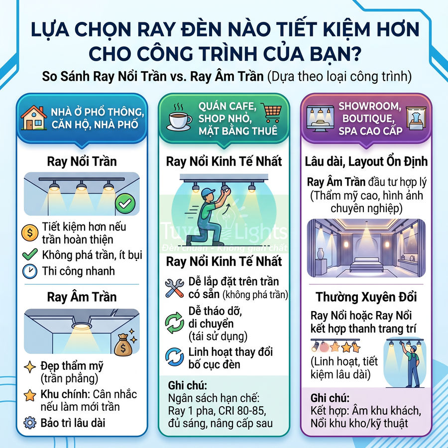 Infographic so sánh ray đèn nổi trần và ray âm trần cho nhà ở, quán cafe, showroom để chọn giải pháp chiếu sáng tiết kiệm