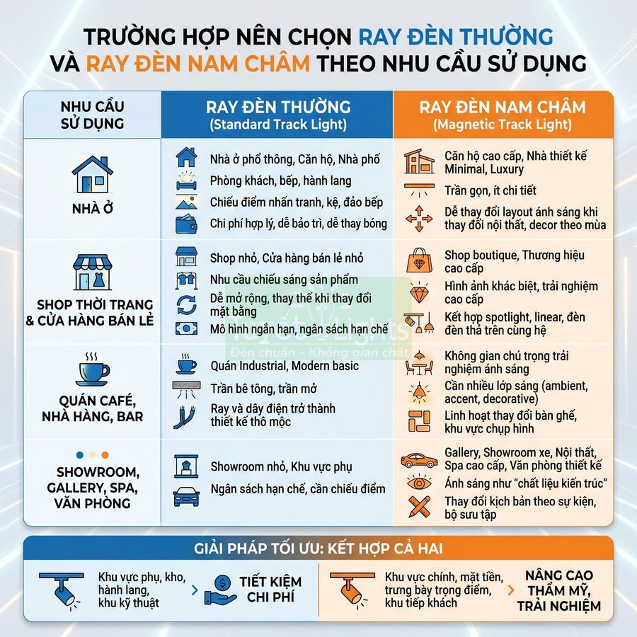 Bảng so sánh ray đèn thường và ray đèn nam châm theo nhu cầu sử dụng nhà ở, cửa hàng, quán café, showroom