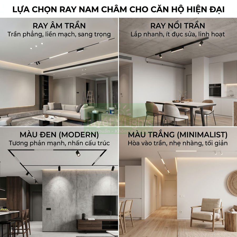 Các mẫu đèn ray nam châm âm trần và nổi trần màu đen trắng cho căn hộ hiện đại, phong cách tối giản