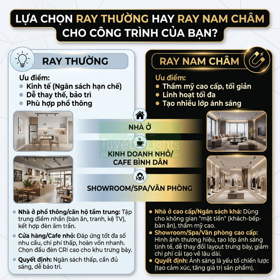 So sánh ray đèn thường và ray nam châm cho nhà ở, quán cafe, showroom spa văn phòng của Tuyết Lights
