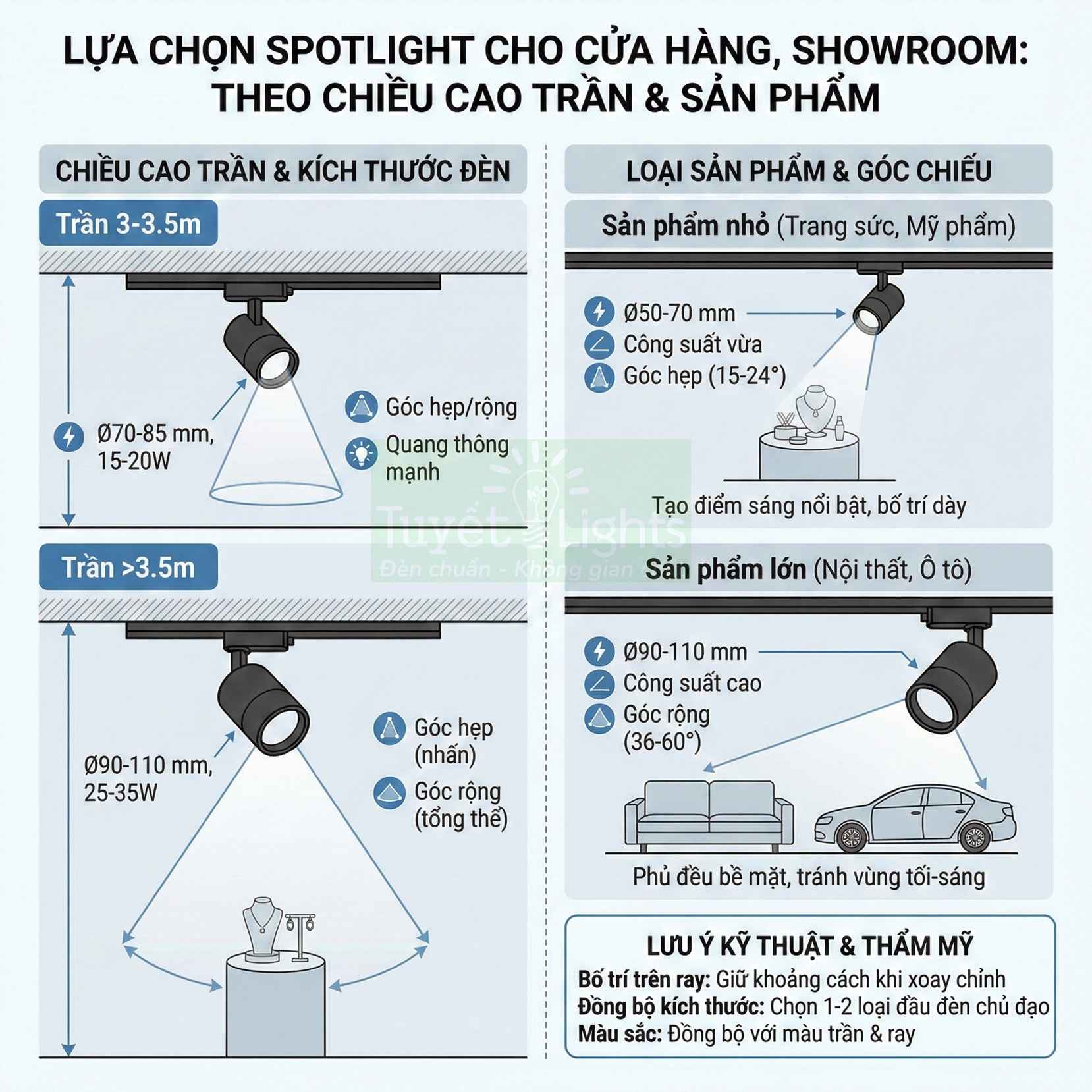 Hướng dẫn chọn đèn spotlight ray cho cửa hàng showroom theo chiều cao trần và kích thước sản phẩm