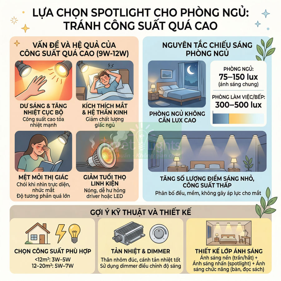 Infographic hướng dẫn chọn đèn spotlight công suất thấp cho phòng ngủ, tránh chói mắt và quá nóng