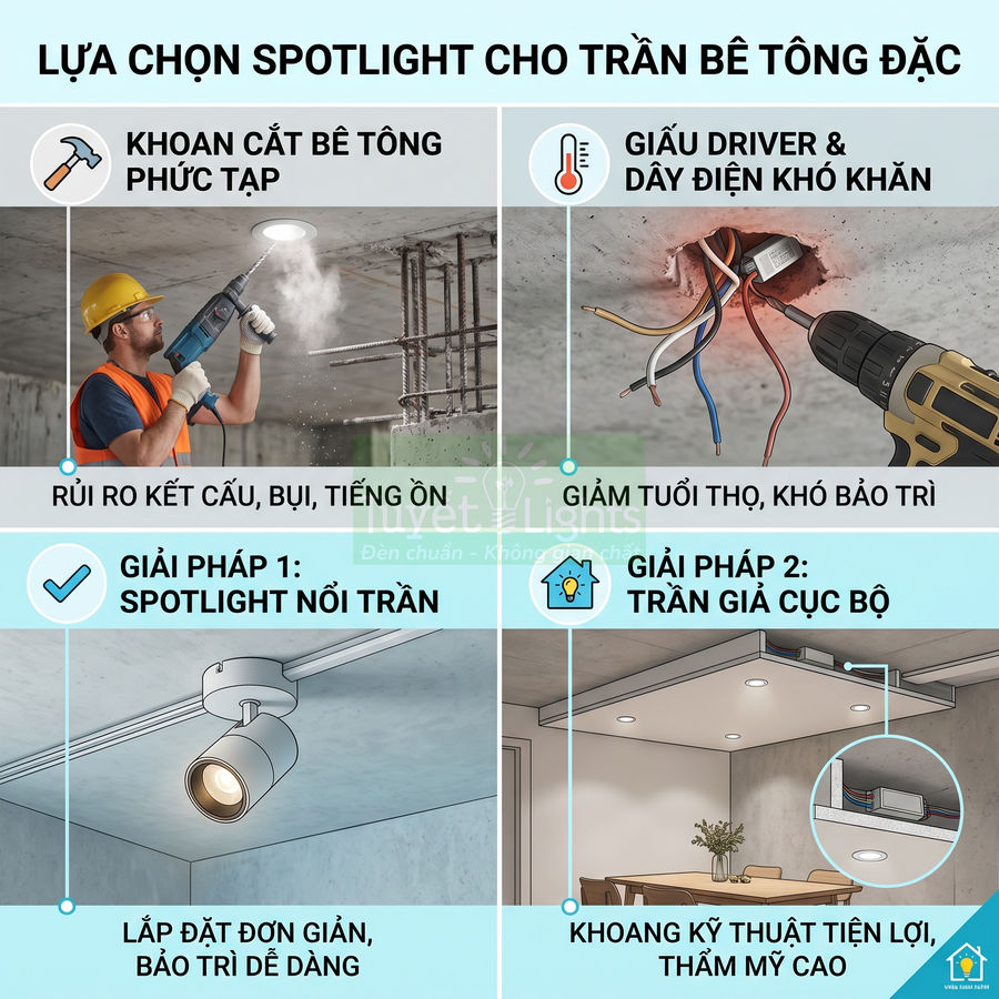 Giải pháp lắp đèn spotlight nổi trần và trần giả cục bộ cho trần bê tông đặc, dễ thi công bảo trì