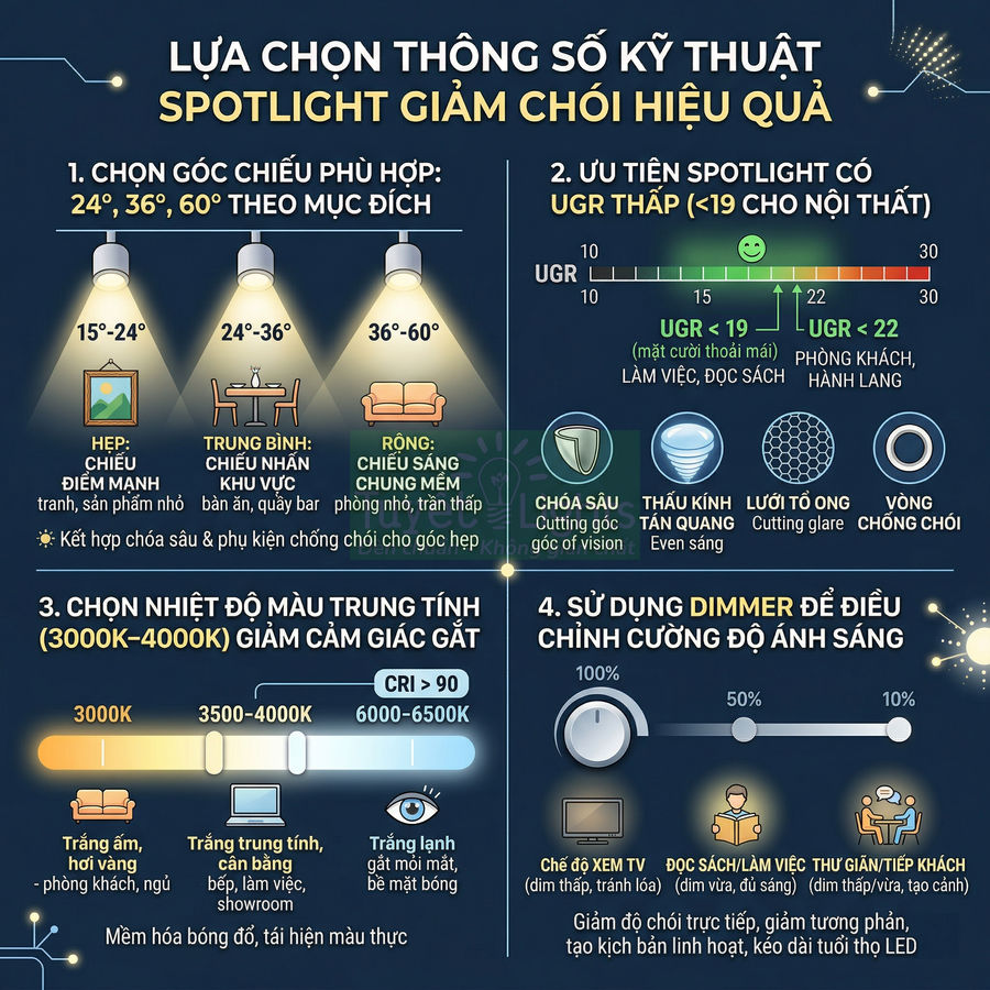 Infographic hướng dẫn chọn thông số kỹ thuật đèn spotlight giảm chói, chọn góc chiếu, nhiệt độ màu và dùng dimmer