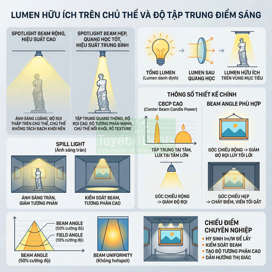Infographic hướng dẫn chọn đèn spotlight chiếu điểm, so sánh góc chiếu, độ tập trung và lumen hữu ích trên chủ thể