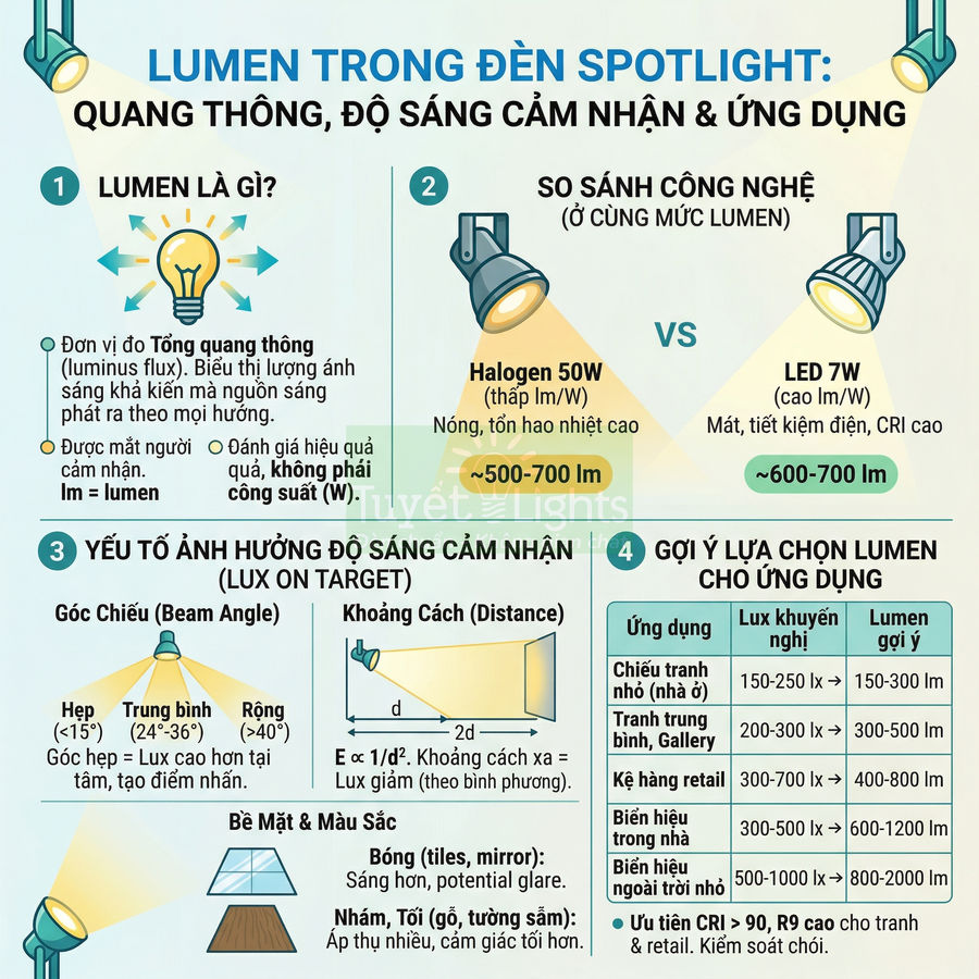 Infographic hướng dẫn chọn đèn spotlight halogen và LED theo lumen, độ sáng cảm nhận và ứng dụng chiếu sáng
