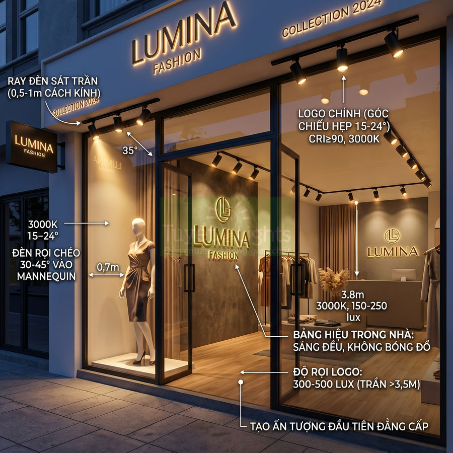 Mặt tiền cửa hàng thời trang Lumina với hệ thống đèn rọi chiếu sáng logo và mannequin trưng bày trang phục