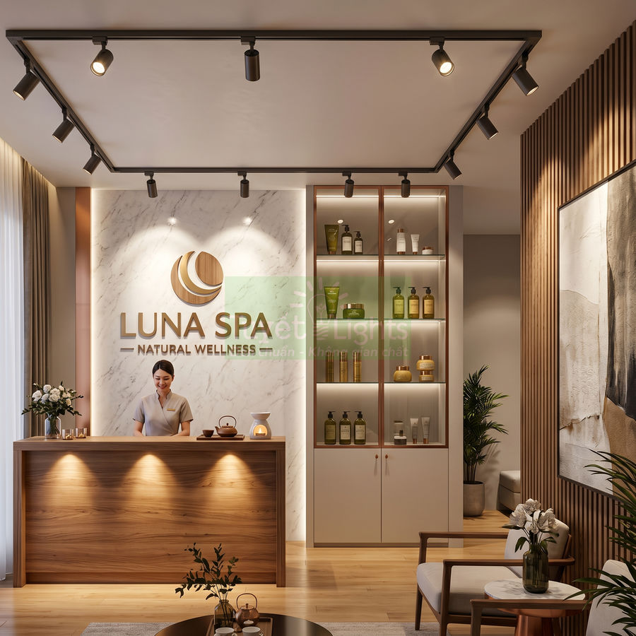 Quầy lễ tân spa Luna Spa với kệ trưng bày mỹ phẩm chăm sóc da và nhân viên đứng đón khách