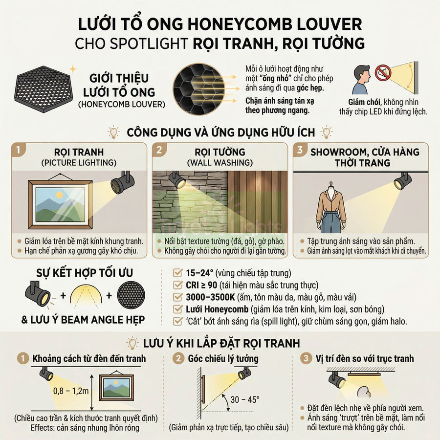 Infographic giới thiệu lưới tổ ong Honeycomb Louver cho đèn spotlight rọi tranh rọi tường và ứng dụng chiếu sáng