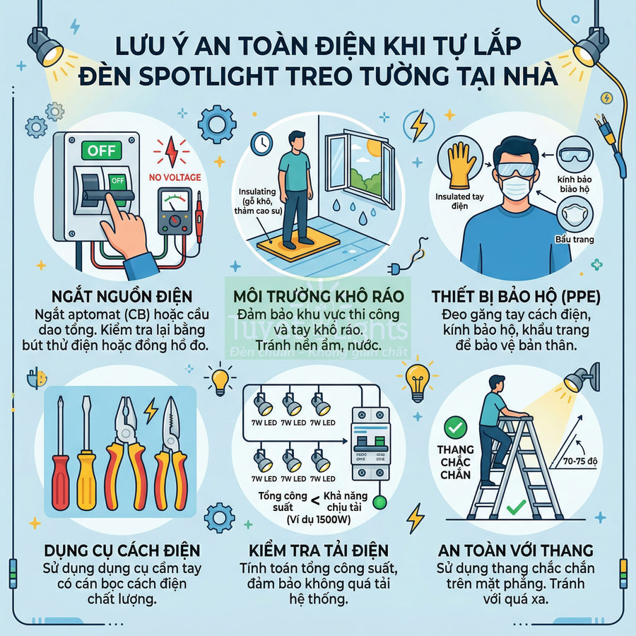 Hướng dẫn an toàn điện khi tự lắp đèn spotlight treo tường tại nhà với minh họa chi tiết các bước bảo hộ