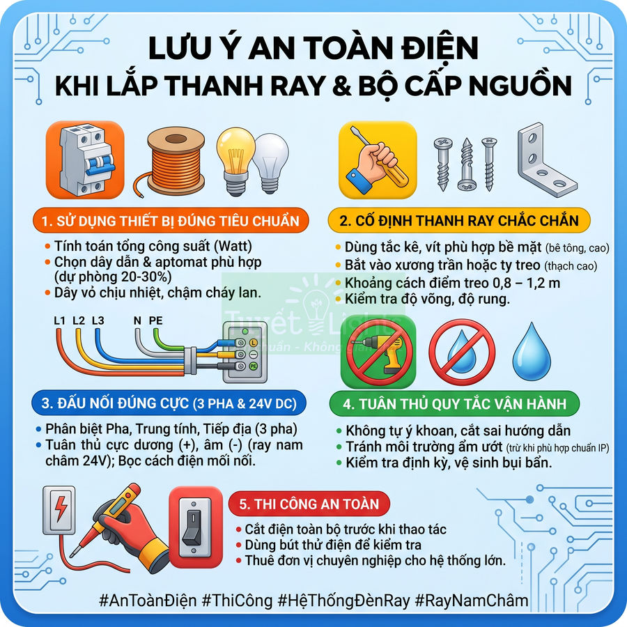 Hướng dẫn an toàn điện khi lắp thanh ray và bộ cấp nguồn cho hệ thống đèn ray nam châm