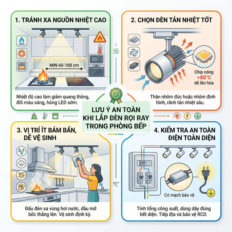 Hướng dẫn lắp đặt và sử dụng đèn rọi ray LED an toàn trong phòng bếp, tránh nhiệt cao và dễ vệ sinh
