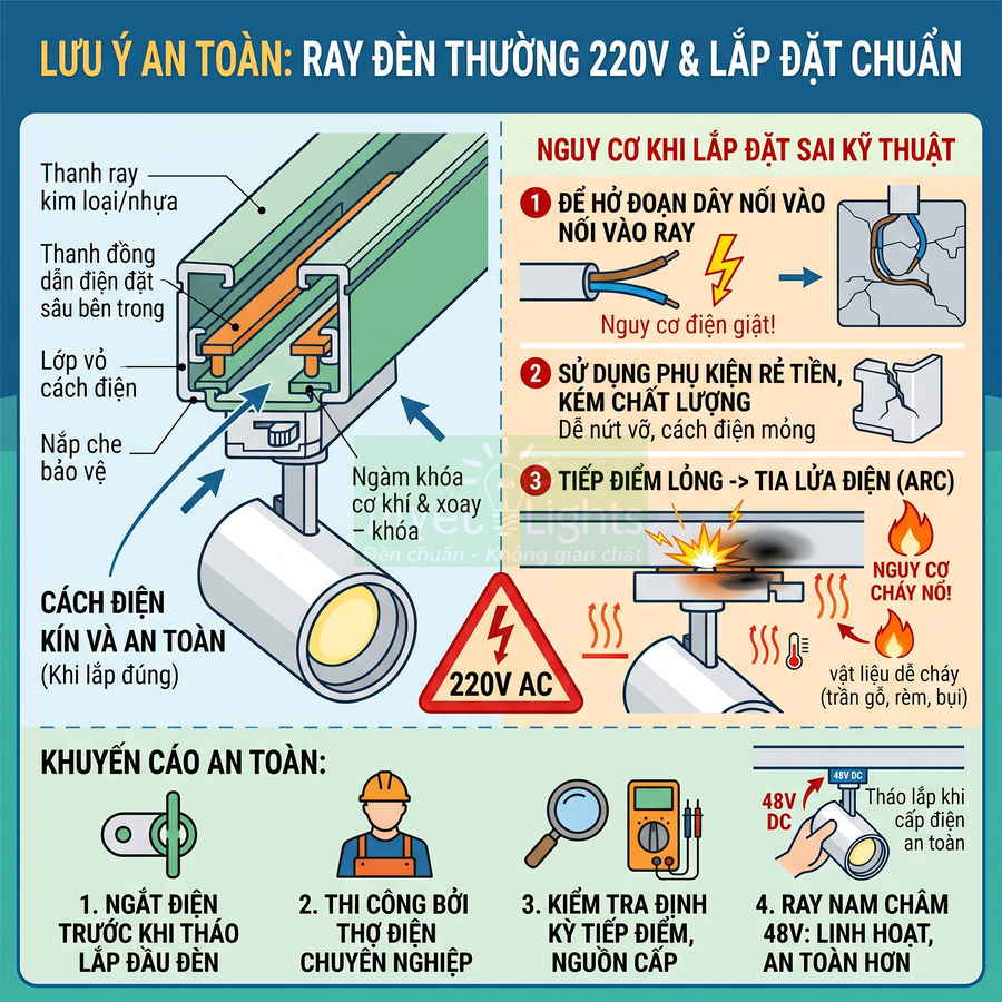 Hướng dẫn an toàn lắp đặt ray đèn 220V với cấu tạo chi tiết và cảnh báo nguy cơ chập cháy điện