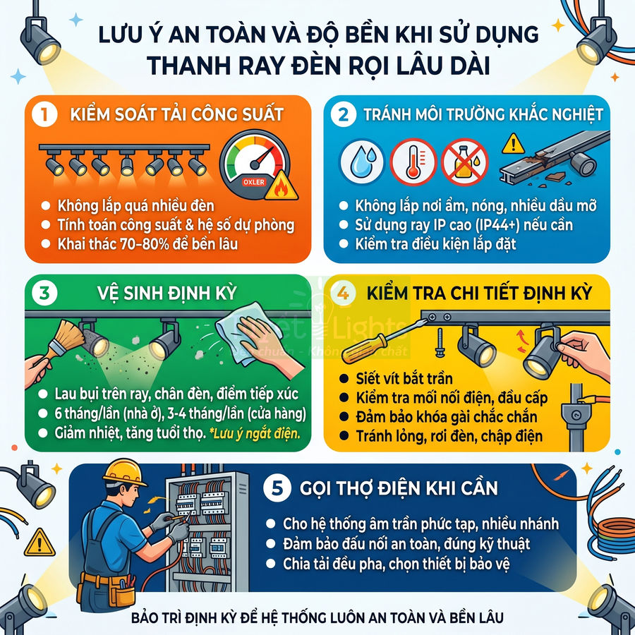 Hướng dẫn an toàn và bảo dưỡng thanh ray đèn rọi lâu dài với các bước kiểm tra, vệ sinh và gọi thợ điện