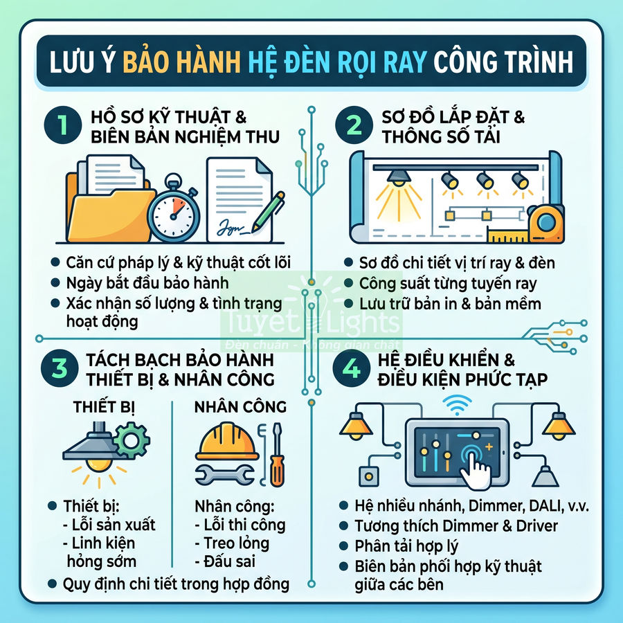 Infographic lưu ý bảo hành hệ đèn rọi ray công trình của Tuyết Lights với hướng dẫn hồ sơ, lắp đặt và điều khiển