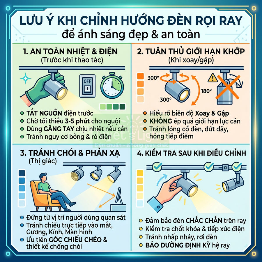 Hướng dẫn an toàn khi chỉnh hướng đèn rọi ray trần nhà để có ánh sáng đẹp và tránh chói mắt