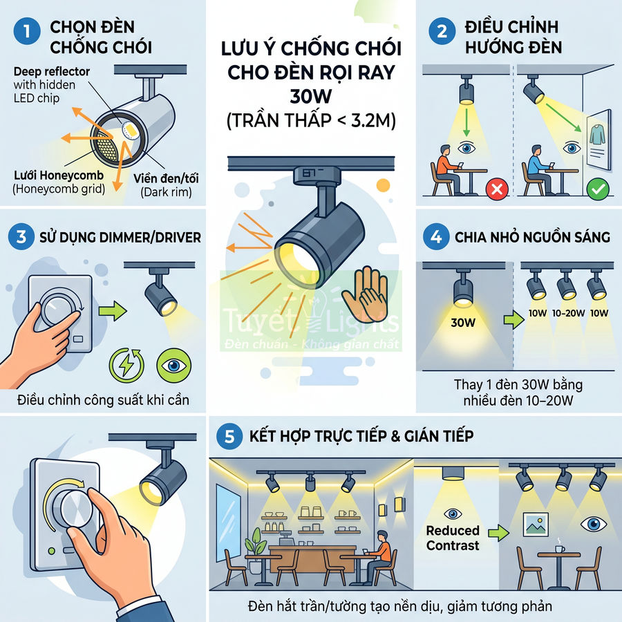 Hướng dẫn chọn và lắp đặt đèn rọi ray 30W chống chói cho trần thấp trong không gian quán cà phê