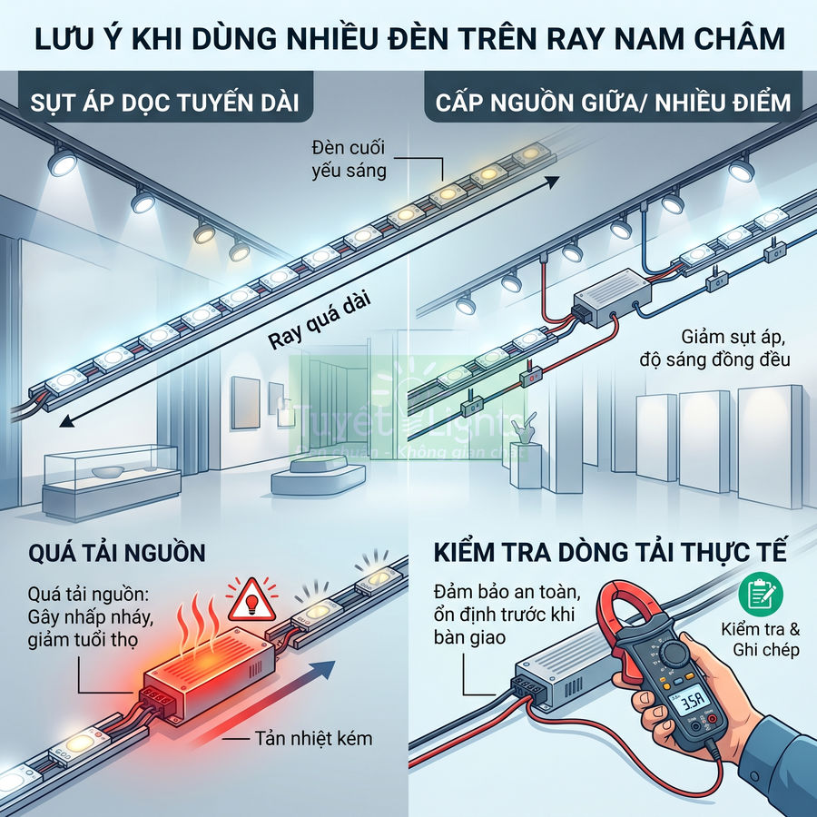 Hướng dẫn lắp đặt nhiều đèn ray nam châm, tránh sụt áp, quá tải nguồn và kiểm tra dòng tải an toàn