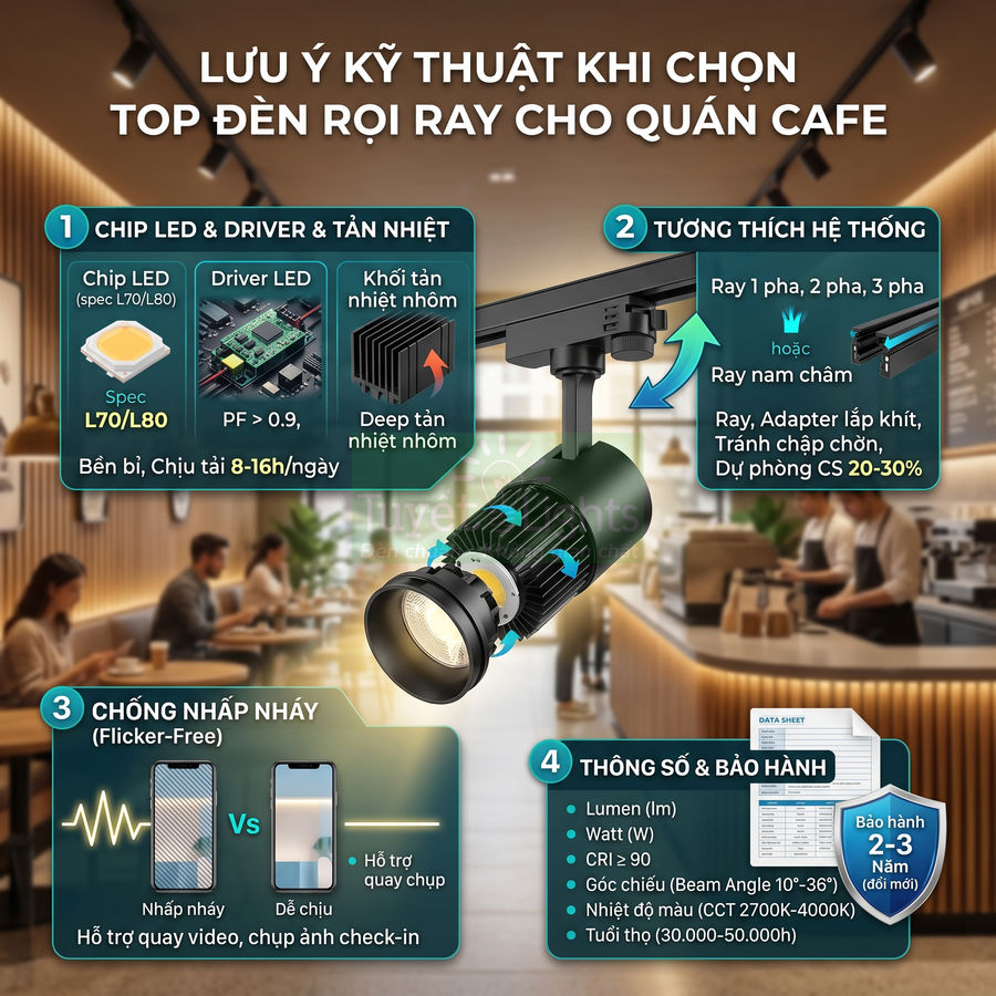 Đèn rọi ray LED màu đen lắp trần chiếu sáng quán cafe hiện đại, kèm thông tin kỹ thuật và bảo hành