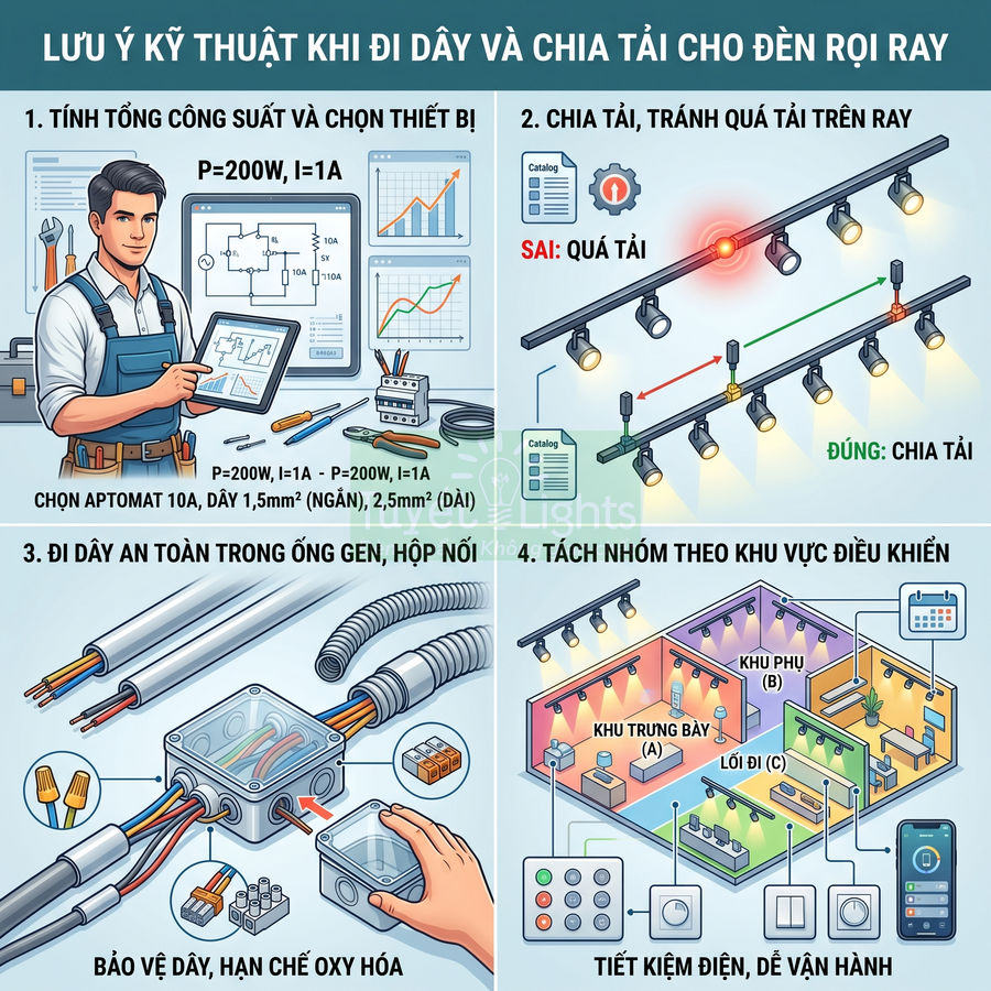 Hướng dẫn kỹ thuật đi dây và chia tải cho hệ thống đèn rọi ray trong cửa hàng, đảm bảo an toàn và tiết kiệm điện