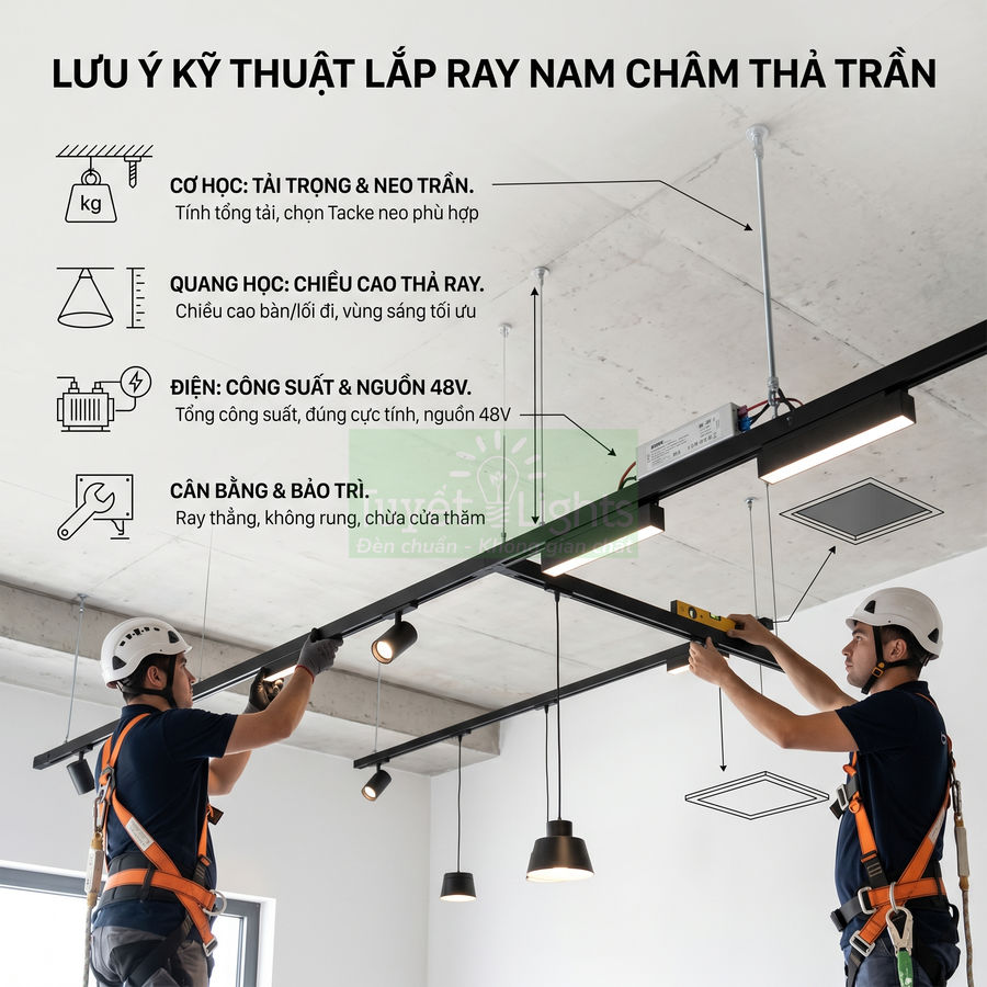 Kỹ thuật viên lắp đặt ray nam châm thả trần cho hệ thống đèn chiếu sáng trong nhà