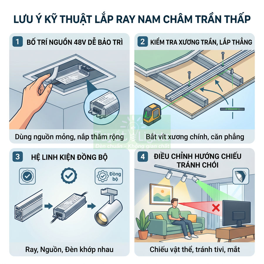 Hướng dẫn kỹ thuật lắp đặt ray nam châm trần thấp và điều chỉnh đèn rọi ray trong phòng khách