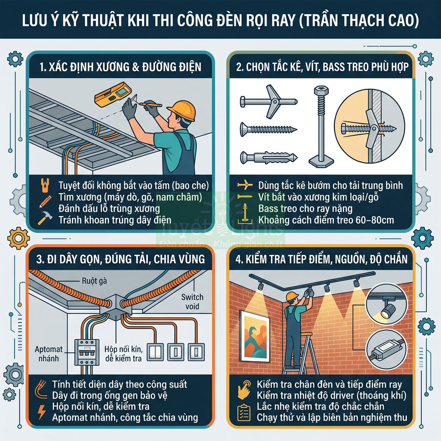 Hướng dẫn lắp đặt đèn rọi ray trần thạch cao với các bước xác định xương, chọn vít, đi dây và kiểm tra an toàn