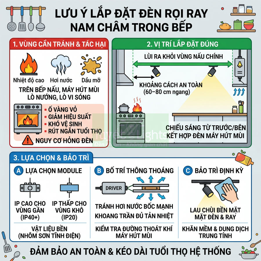 Hướng dẫn lắp đặt và bảo trì đèn rọi ray nam châm trong bếp, vị trí an toàn tránh bếp nấu và hơi nước